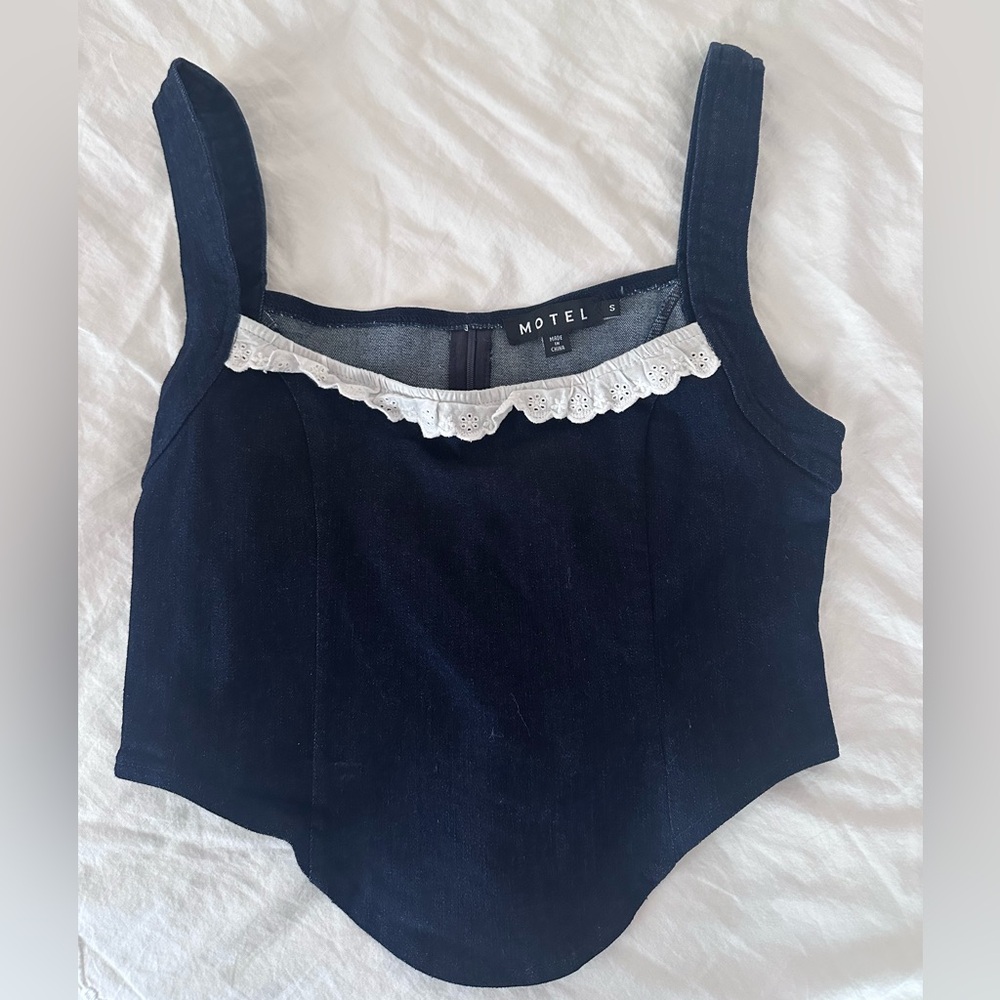 Motel Rocks Jean Top With White Lace Trim